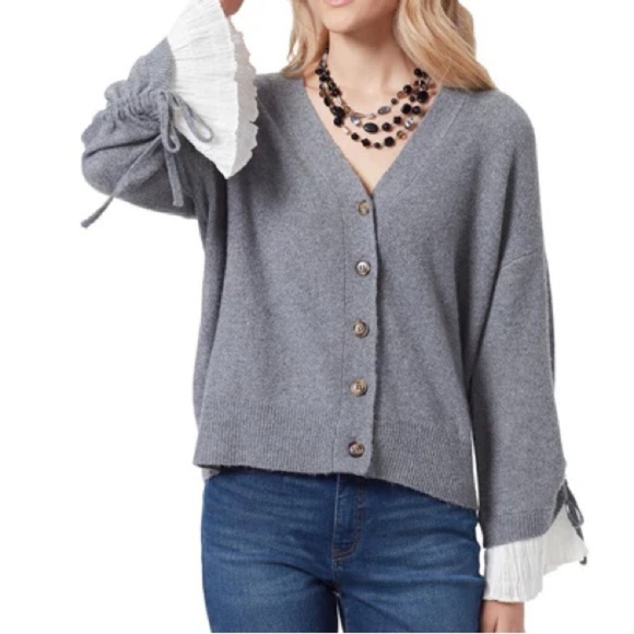 Sam Edelman XS Gray V Neck Button RUFFLED SLEEVES CARDIGAN SWEATER Vegan B4 - Picture 1 of 7
